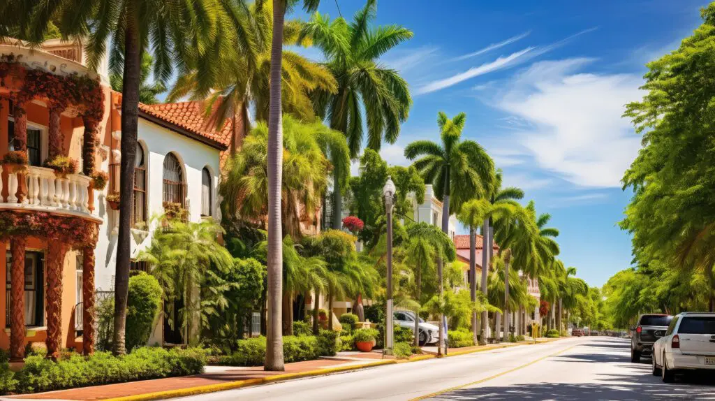 Palm-lined street in Florida, showcasing vibrant homes. Ideal for Expert Tile & Flooring Tile Installation services.