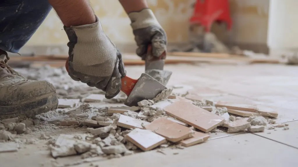 Expert Tile & Flooring technician in gloves expertly installing tiles in South Florida.