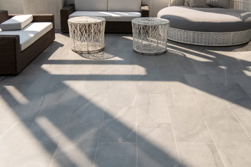 beautiful terrace, grey floor tile outdoor.