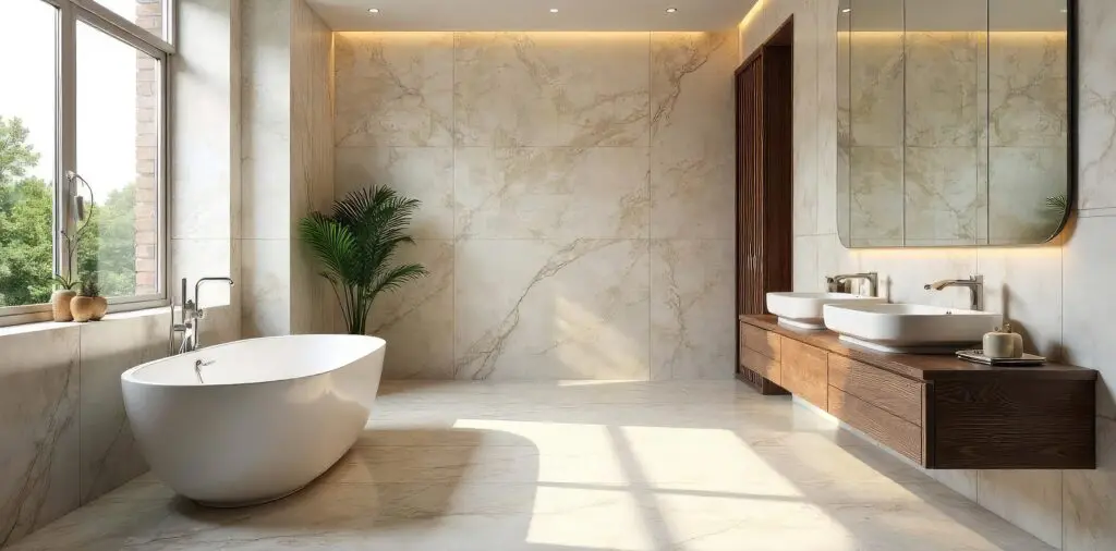 Luxury bathroom featuring elegant, large-format tiles creating a sophisticated and serene spa-like atmosphere Perfect for interior design and home improvement projects , luxurious, relaxing