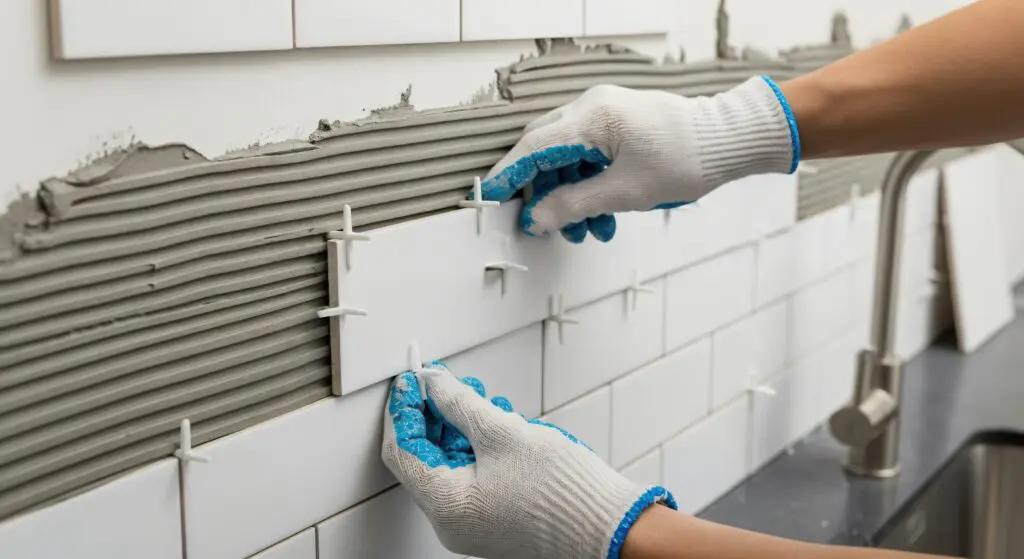 Person installing white subway tiles on a kitchen backsplash with adhesive and spacers during a home renovation project