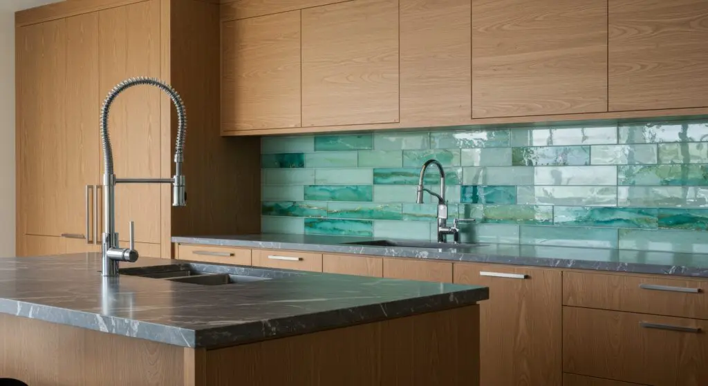 Inspired Luxury Kitchen Design with Glass Tile Backsplash - Modern kitchen showcasing elegance, featuring a glass tile backsplash, wooden cabinetry, sleek faucet