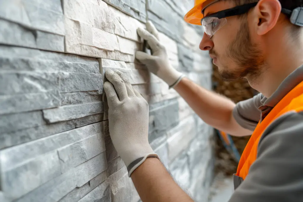 Construction worker installing decorative stone veneer on a wall.