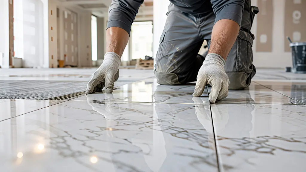 Professional construction worker installing glossy white marble floor tiles in a modern bright residential building interior
