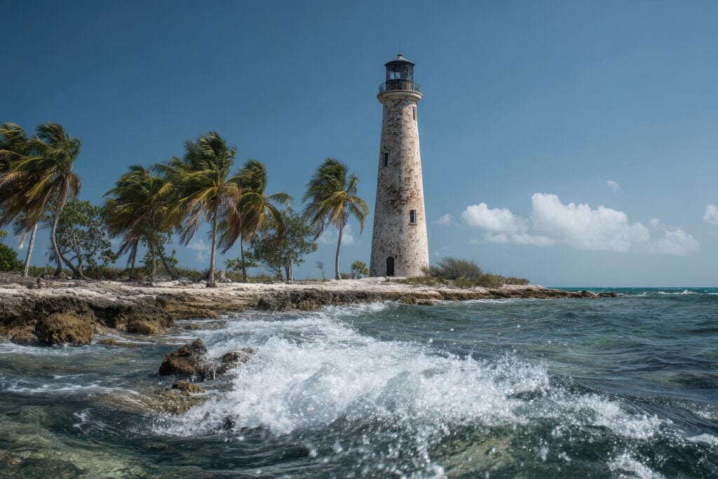 Coastal scene with palm trees and lighthouse near ocean waves, evoking durability like Expert Tile & Flooring Installation, Cooper City.